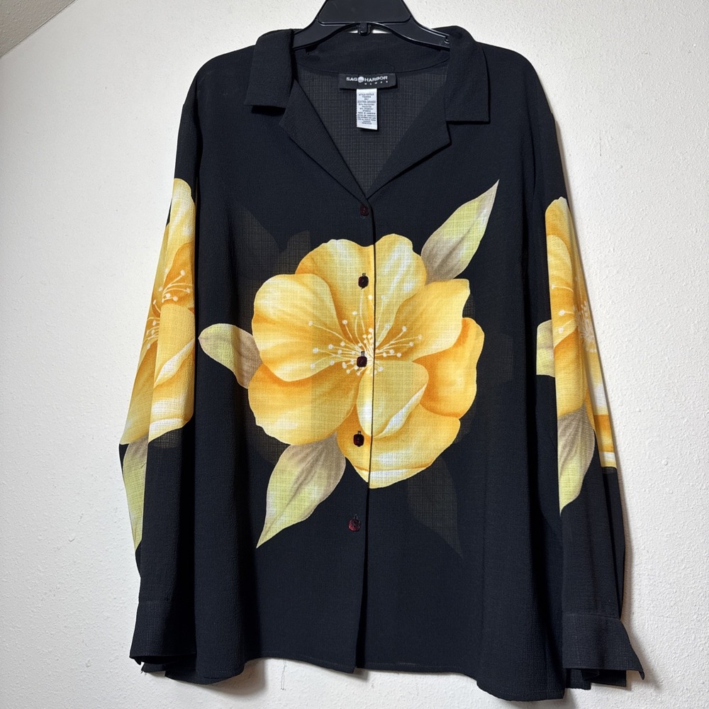 Sag Harbor Woman 2X Black Yellow Floral Button Front Blouse Stretch